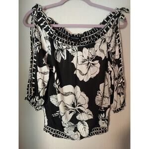 White House Black Market Black & White Floral Mixed Print Open Sleeve Silk Top M